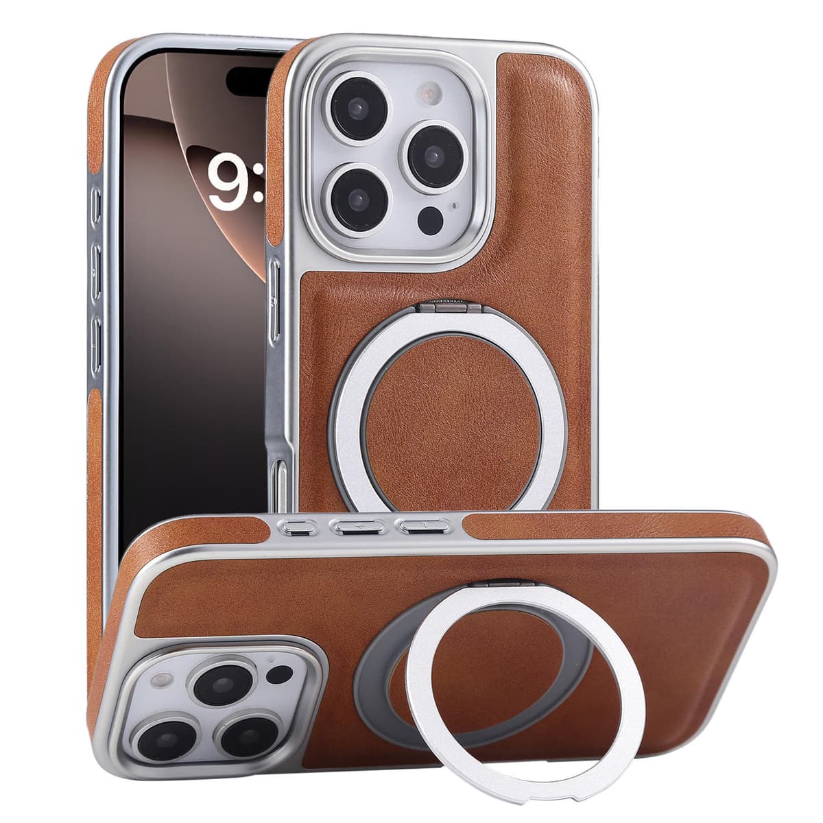 Electroplated anti-drop magnetic rotating leather phone case for iPhone