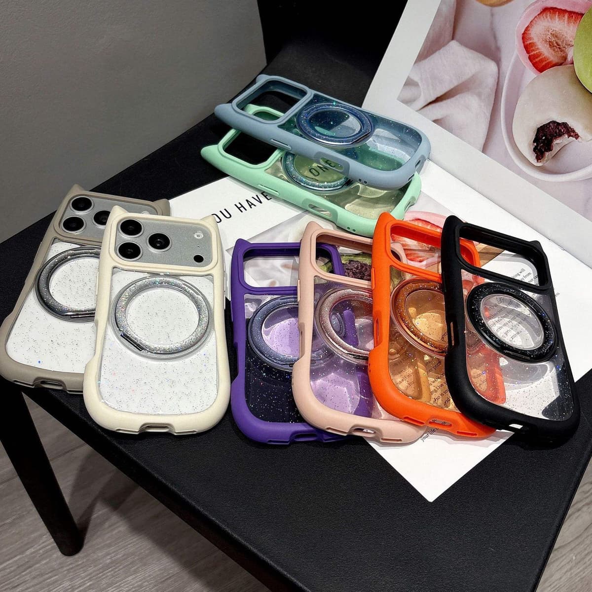 Creative Cat Ears Glittery Candy Color Magnetic Rotating Ring Stand Case