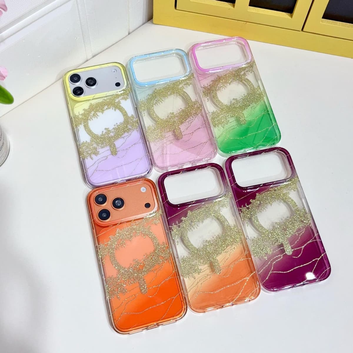 Luxury Gradient Gilded Platinum Glitter Magnetic Wireless Charging PC Cover for iPhone