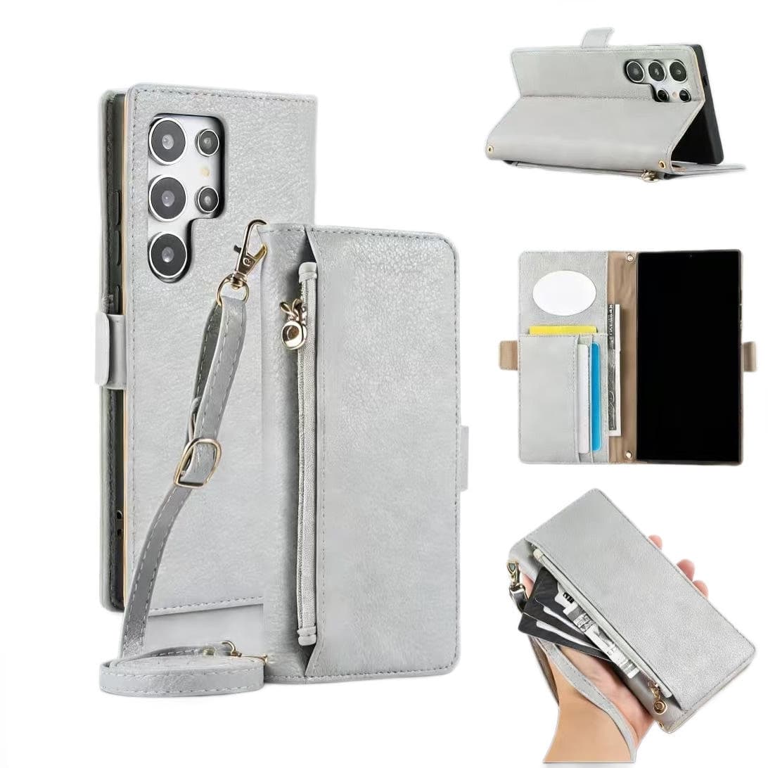 Genuine Leather Matte Zippered Phone Case Adjustable Long/Short Lanyard Built-in Makeup Mirror