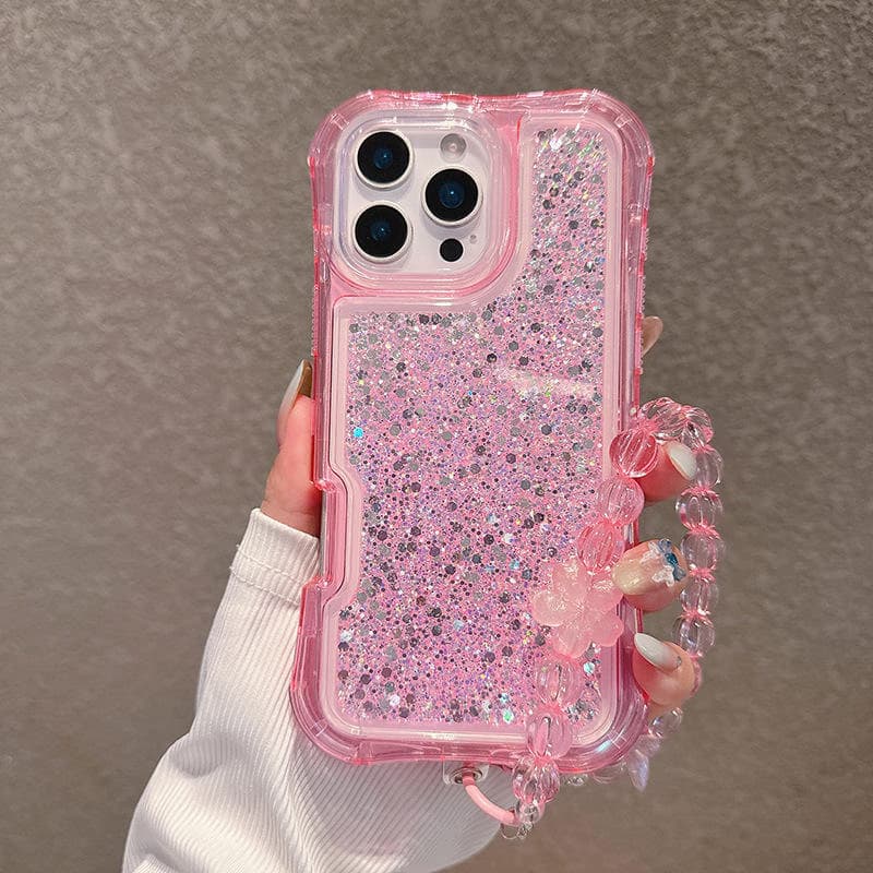Translucent Shinning Anti-Scratch Shockproof Protective Phone Cover with Flower Wrist Strap
