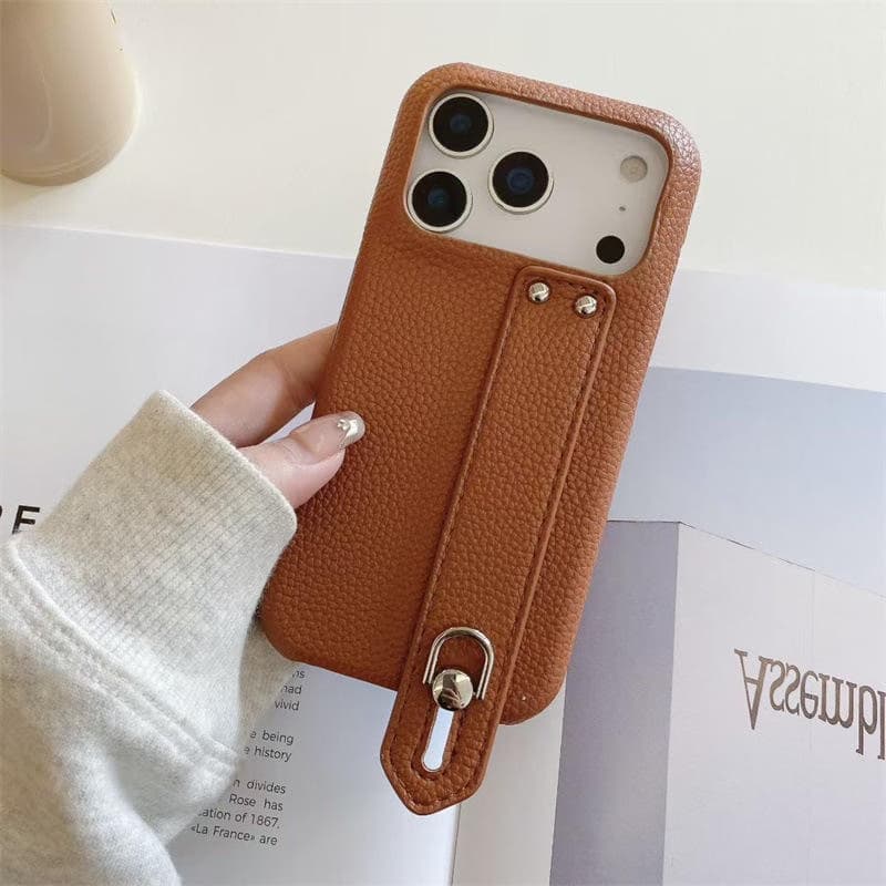 Lychee Pattern PU Phone Case with Waistband Half Cover Hard Phone Case for iPhone