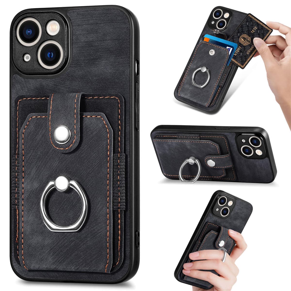 Luxury Ring Kickstand PU Leather Wallet Phone Case for iPhone