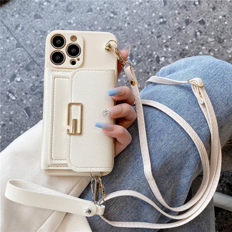 Luxury Lanyard TPU PU Leather Credit Card Bag Holder Phone Case