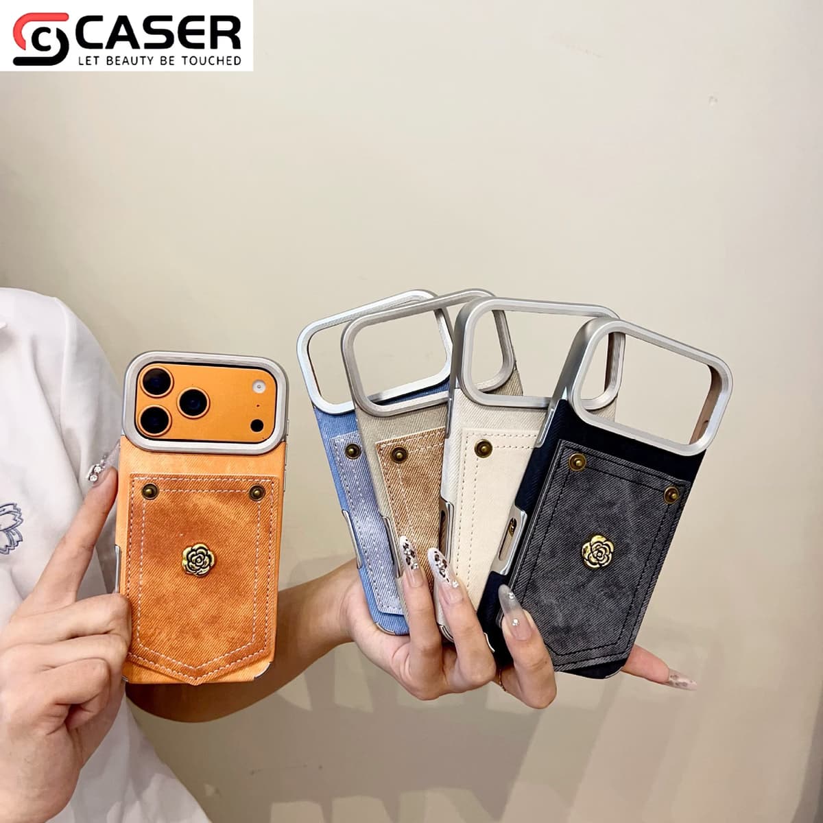 Retro Style Camellia Decoration Denim Pattern Pure Color Electroplated Frame Shockproof Case
