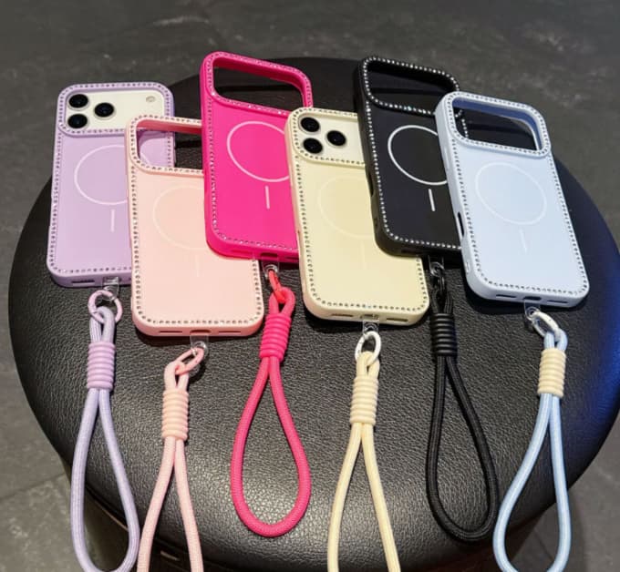 Trendy INS Protective Case Inlaid Rhinestones on Edges, Built-in Magnet With Hand Strap, Shock & Drop Resistant for iPhone