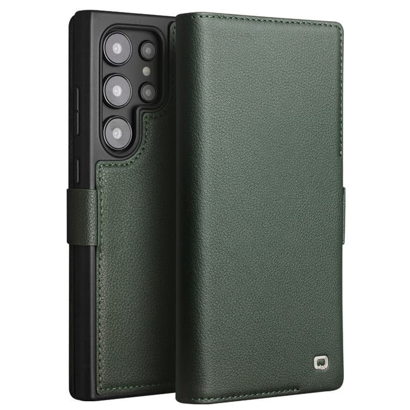 QIALINO 100% Handmade Full Grain Calf Leather Magnetic Wallet Case