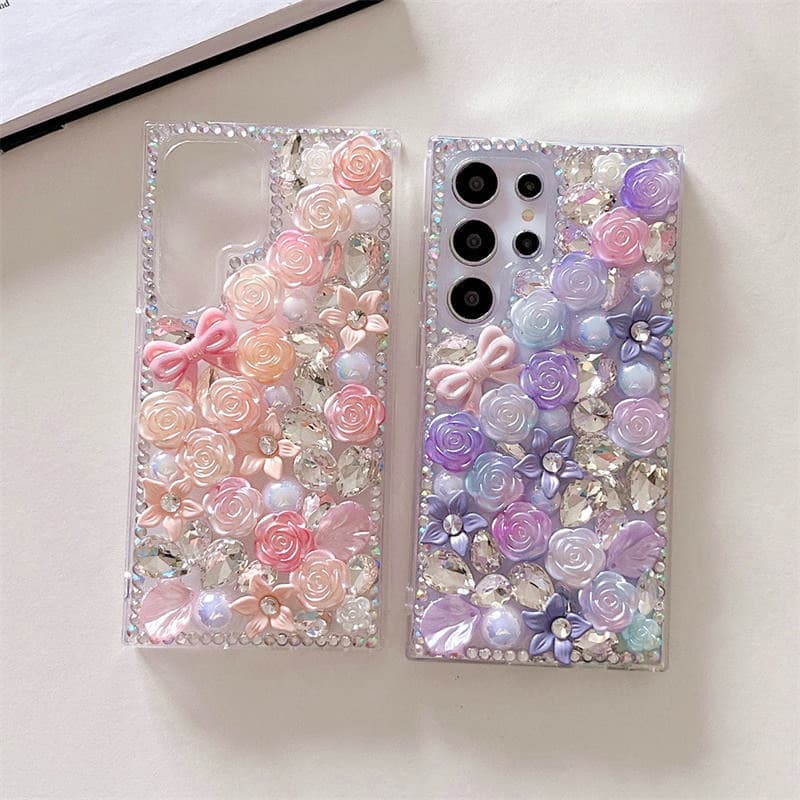 Luxury Women Girls Bling Glitter Crystal Bow Rose Flower Diamond Phone Case
