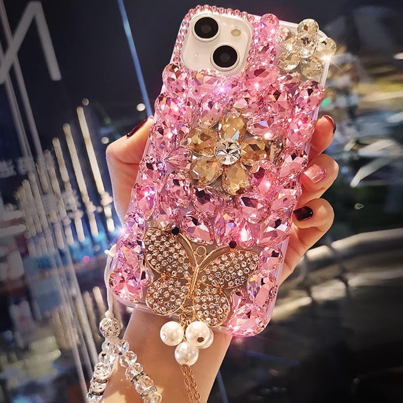 Creative Butterfly Pendant Design Covered With Diamond Hard Transparent Acrylic TPU Mobile Phone Case