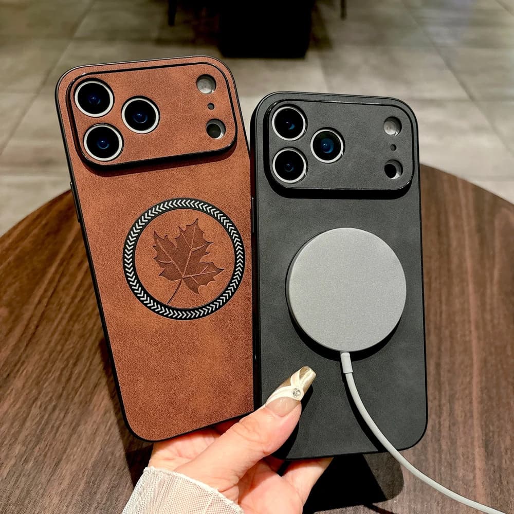 Luxury PU Leather Case For iPhone 18 17 16 15 14 13 Pro Max 18Pro 17Pro 16Pro For Magsafe Charge Maple Leaf Pattern Full Cover